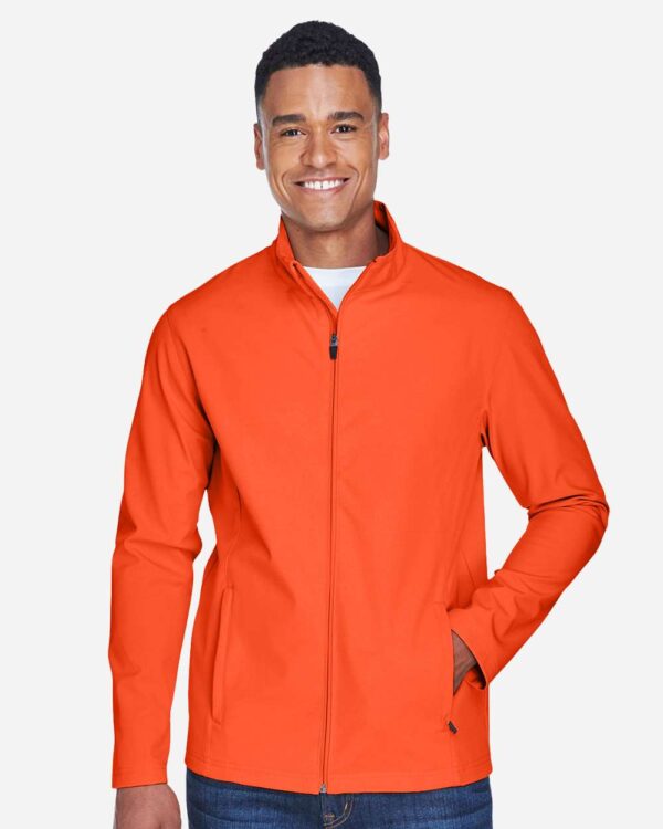 on-model-121631_omf_jpg Leader Soft Shell Jacket — Sport Orange on-model front